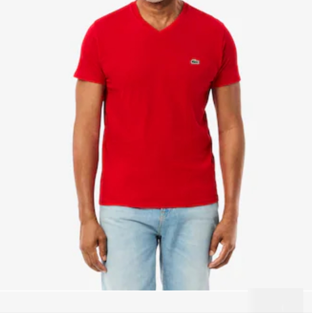 Lacoste Men Red V-Neck Classic 100% Pima Cotton T-Shirt